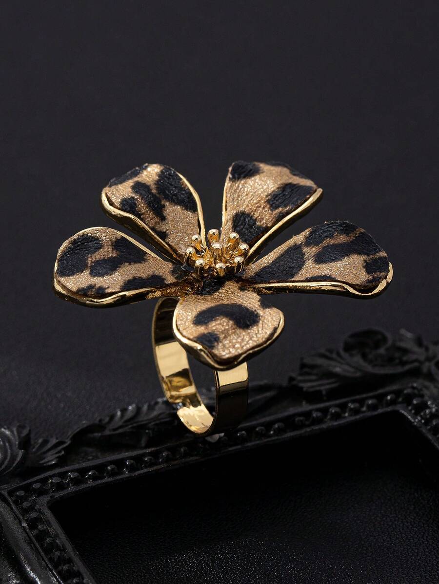 1pc Fashionable Leopard Print Flower Ring, Unique Personalized Design, Versatile For Daily Wear And Nightclub, Exaggerated Open Ring - Leopard - View 1