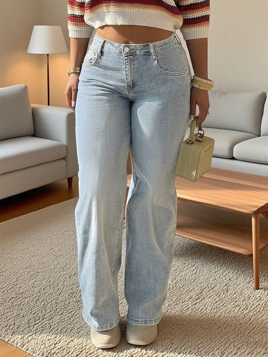 Women's Straight Leg Jeans, Baggy Loose Fit Non-Stretch Denim Pants, Street Style Casual Long Trousers For Women - 淺色水洗藍 - 查看 1