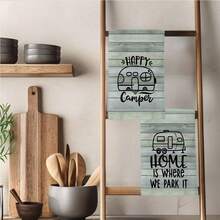 MEMNUN 2入露營主題木紋Happy Camper文字圖案廚房抹布茶巾 40*60cm/45*70cm 超細纖維材質 柔軟高吸水 碗盤擦拭與茶杯吸水布 適用浴室與餐飲裝飾 烹飪烘焙手巾 家居裝飾 - 彩色 - 查看 8