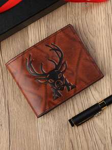 1pc Men's Vintage Embossed Deer Head Short Thin Bifold Wallet Card Holder - Multicolor - View 9