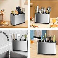 Organizador multifuncional de acero inoxidable para cocina: soporte para cuchillos, cucharas y espátulas con base de plástico ABS, diseño compacto para encimera, ideal para utensilios de cocina domésticos. - Negro - Ver 4