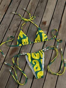 New Carnival Women's Bikini Set, Tropical Yellow-Green Artistic Geometric Wave Color Block Print Sexy Party Swimwear, Summer Beach Vacation Music Festival - Multicolor - View 4