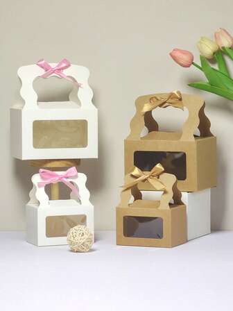 1/5/10pcs Holiday Party Gift Boxes With Handles, Bowknot Gift Boxes With Window, Kraft Paper Packaging Boxes, European Style Wedding Candy Boxes, Suitable For Birthday, Wedding, Bridesmaid, Proposal, Valentine's Day, Graduation Decorations, Small Size 11*7.8*7cm, Large Size 15*10.5*9.5cm