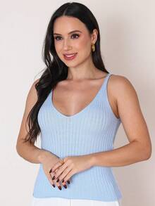 Women's Basic Ribbed Modal Knit Tank Top With Wide Straps, Casual Knit Summer Blouse - Blue - View 1