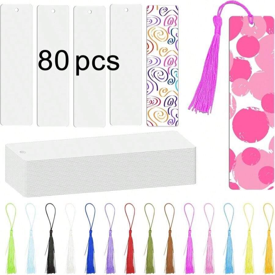 GEKIXUTP 80 Pcs Sublimation Bookmark Blank Heat Transfer Aluminum Metal Bookmarks Bulk DIY Bookmarks With Hole And Colorful Tassels For Crafts,Personalized Tassels Blank Bookmarks, White - ColorB - 查看 1