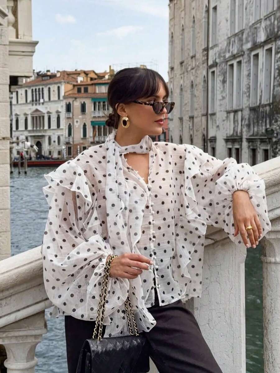 Women's Polka Dot Semi-Sheer Lantern Sleeve Blouse With Ruffle Details And Elegant Tie, Suitable For Spring/Summer