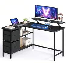 L-Shaped Desk With 2 Spacious Drawers, Gaming Desk With Monitor Stand, Corner Desk, Computer Desk With Adjustable Storage Shelf, For Home Office, Ebony Black - Black - View 8