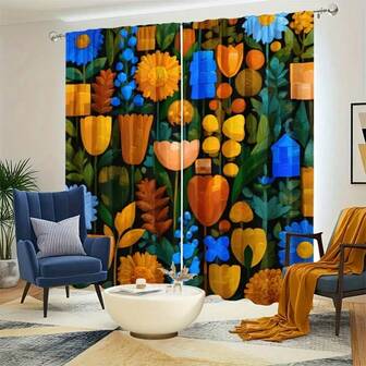 2 st moderna bohemiska blommiga och geometriska gardiner - Genomskinliga fönstergardiner, ljusorange, gula, gröna, bruna mönstrade gardiner, lämpliga för vardagsrumsdekoration - lättskötta gardinpaneler av polyestertyg, vardagsrumsgardiner