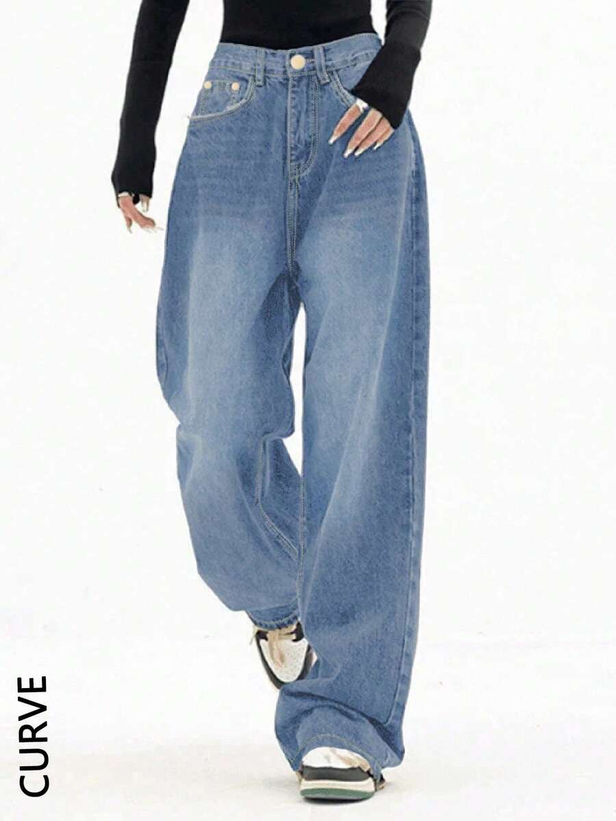 Jeans de pierna recta para mujer talla grande - Ajuste relajado vintage, tiro medio, pantalones de corte holgado con detalles de botones - Lavado ligero - Ver 1