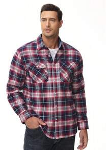Flannel Shirt For Men Cotton Long Sleeve Plaid Shirt Lightweight Button Up Checkered Shirt Jacket With 2 Pockets - Đỏ trắng - Xem 3