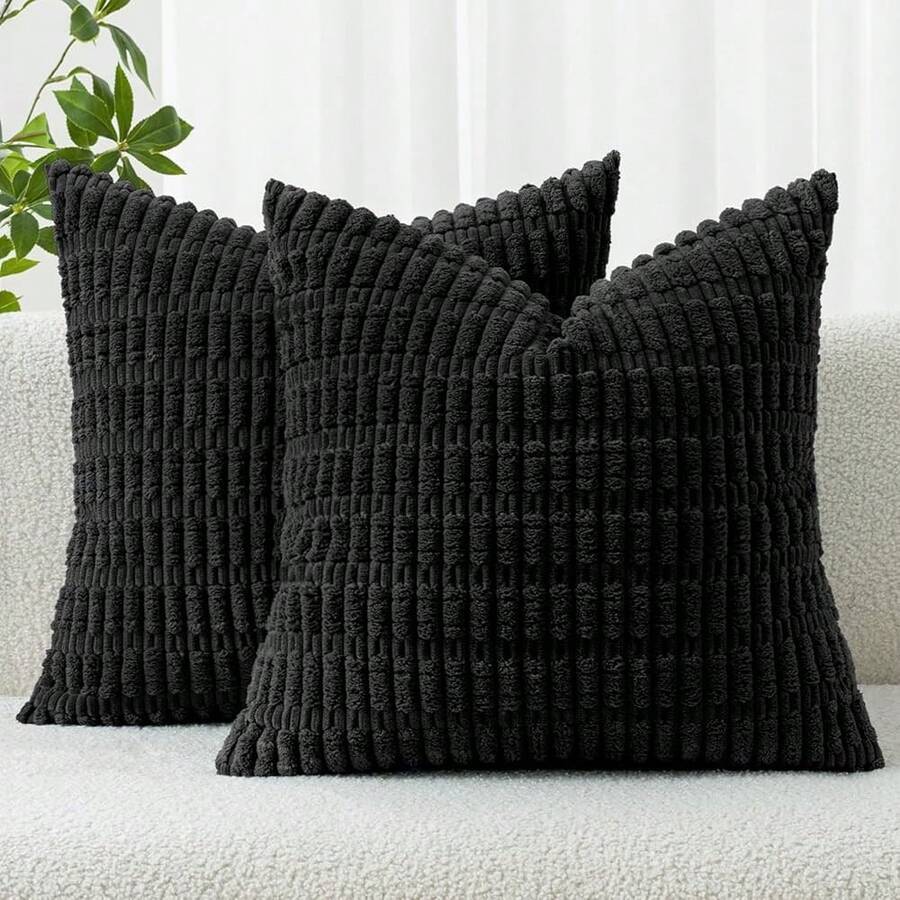 MIULEE Pack Of 2 Corduroy Decorative Throw Pillow Covers 20x20 Inch Soft Boho Striped Pillow Covers Modern Farmhouse Home Decor For Halloween Sofa Living Room Couch Bed Black,2220inchx20inchPackof2 - 2220英寸 x 20英寸,2個裝 - 查看 1