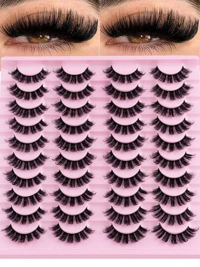 20对假睫毛，浓密卷翘，旅行必备，化妆工具，自然交叉假睫毛，手工制作，加长浓密卷翘，3D人造仿貂毛睫毛，D型弧度，化妆工具，日常热销，圣诞礼物。