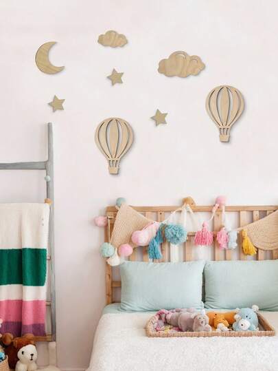 8件套木制热气球、云朵、星星造型装饰品，适用于儿童房、婴儿房、墙面装饰