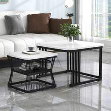 Set Of 2 Modern Side Tables, In Marble-Look MDF, Structure In Glossy Black White Steel Tube, Dimensions Of The 2 Tables: 65 X 65 X 45 Cm And 45 X 45 X 39.5 Cm. - White - View 6