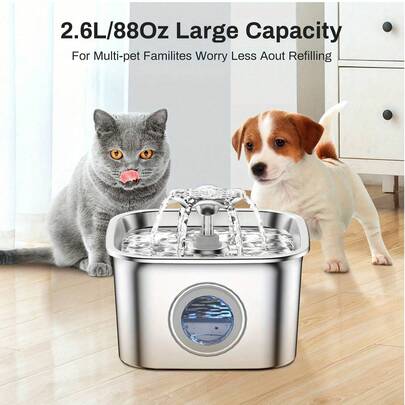 Bình đựng nước cho thú cưng bằng thép không gỉ 2,6L/88oz siêu êm, có nguồn điện USB, lưu lượng tuần hoàn tự động và cửa sổ hiển thị mực nước rõ ràng, thích hợp cho mèo và chó