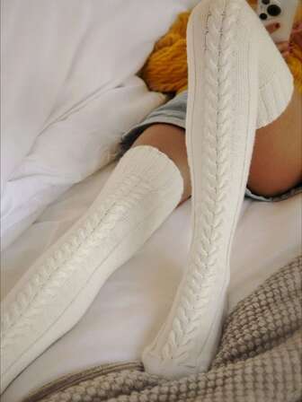 1 par de calcetines largos hasta el muslo de unicolor de lana, calcetines sobre la rodilla, forrados térmicos gruesos para mujeres, adecuados para otoño/invierno, vacaciones y reuniones