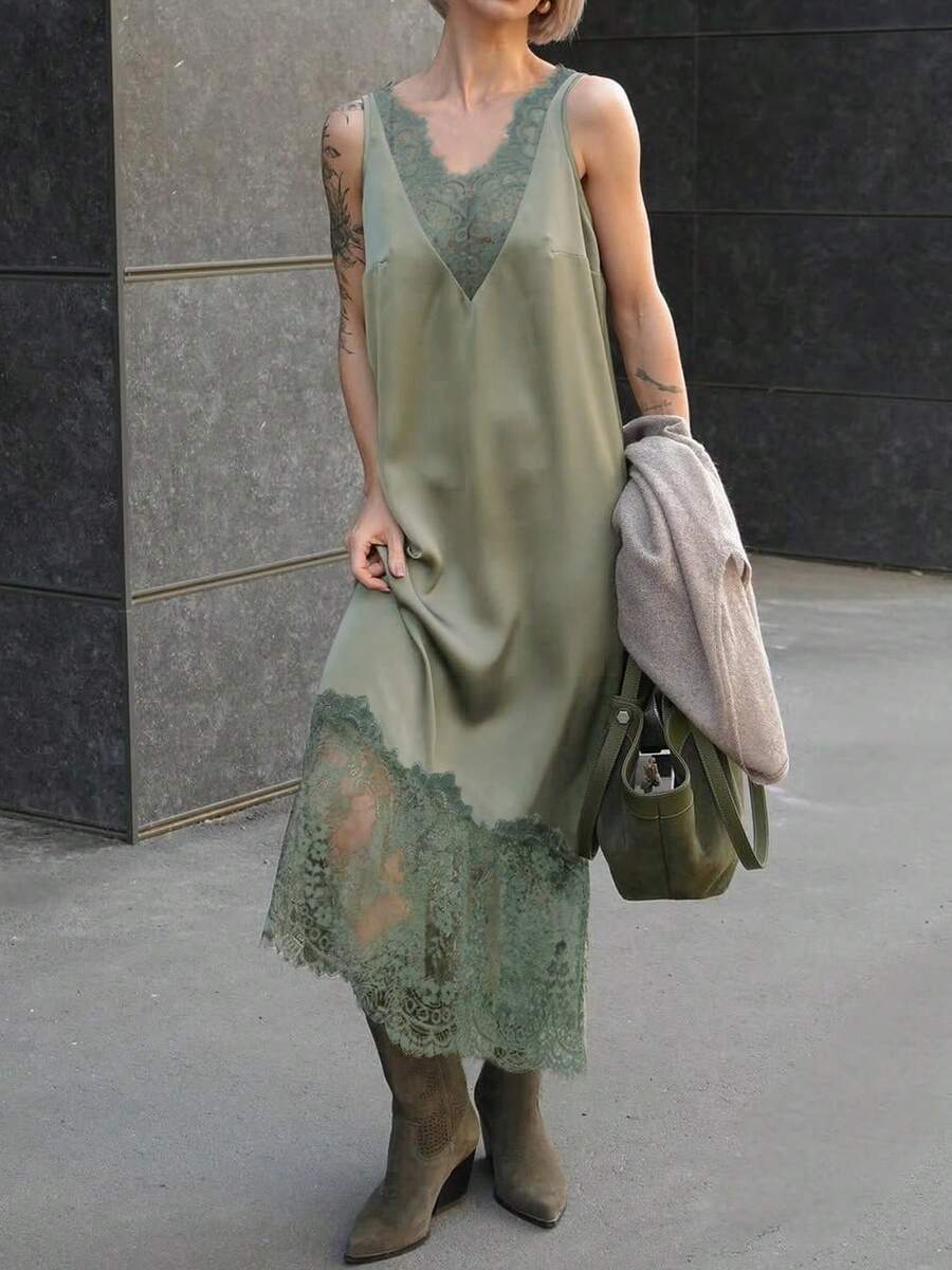 优雅蕾丝拼接无袖V领缎面修身连衣裙，精致时尚休闲蕾丝拼接连衣裙 - 淡綠 - 查看 1