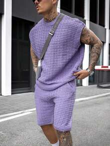 Mens Short Sets 2 Piece Outfits Summer Casual Round Neck Knit Tank Tops And Shorts Matching Tracksuits Set - Màu tím  Violet - Xem 4