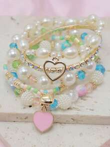 5pcs Pearl & Crystal Beaded Bracelets Set, Fashionable & Versatile Stacking Bracelet For Women