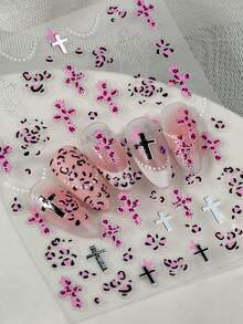 A Sweet And Cool Nail Sticker With Relief Texture Design, Y2K , Featuring Elements Such As Crosses, Pearl Chains, Leopard Print Texture, Etc., Suitable For Personal DIY And Creating Retro Sweet And Cool Nail Art