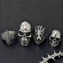 1pc Stainless Steel Skull, Eagle, Lion Head Punk Gothic Style Waterproof Fade-Resistant Ring, Suitable For Daily Wear, Music Festival, Theme Party - Silver - View 6