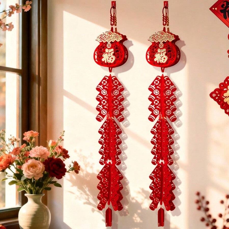 1个/2个 2026年中国新年鞭炮挂饰,中国农历新年装饰挂件,祝福语门挂,适用于商店、客厅、家庭聚会、礼品 - 彩色 - 查看 1