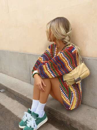 Ropa de mujer de otoño, suéteres de mujer, suéter de punto de calado colorido, suéter vintage holgado de manga larga, cárdigan de moda casual para otoño, ropa escolar linda, ropa de mujer Y2K, ropa de estilo Old Money para mujeres, atuendos de maestra para mujeres