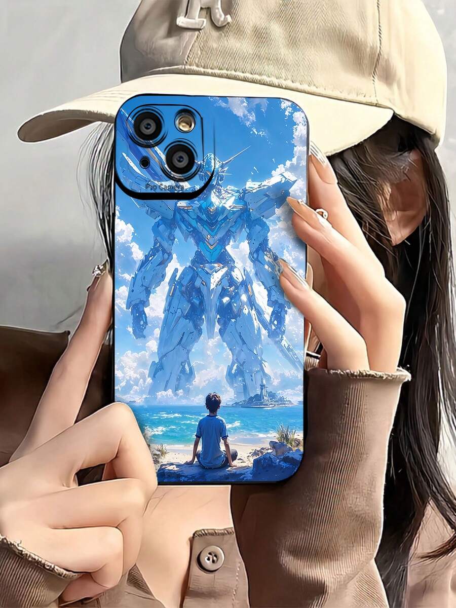Funda para teléfono con diseño de robot guardián vigilando a un niño. Compatible con teléfonos ,  17,  16 Pro Max,  15 Pro Max,  13 y  12. Fabricada en TPU para una protección eficaz contra golpes y caídas. Un regalo fantástico para familiares, amigos, niños, gamers y fans de la ciencia ficción. - Negro - Ver 1