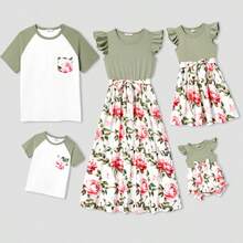 Matching Family Raglan-Sleeve T-Shirt And Flutter Shoulder Floral Dress Sets - Army Green - View 1