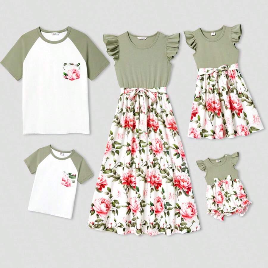 Matching Family Raglan-Sleeve T-Shirt And Flutter Shoulder Floral Dress Sets - Army Green - View 1