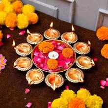 Diya Shape Flower Decorative Urli Bowl For Home Handcrafted Bowl For Floating Flowers And Tea Light Candles HomeOffice And Table Decor Diwali Decoration Items For Home 14 Inches (Design 3) - BrassPolish - View 3