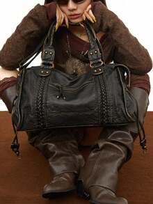 2025 Fashion Women Bag, Y2K Retro Motorcycle Bag, Soft Leather Large-Capacity Handbag, Wasteland Style Tote Bag, Ladies Shoulder/Crossbody Bag, Ultra-Soft Fabric, Bohemia Style Bag For Women, 2000s Fashion Style Bag For Women, Vintage Bag For Women, New Fashionable Big Bags For Women, New Arrival Tote Bags For Woman - 黑色 - 查看 3