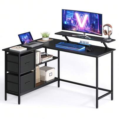 L-Shaped Desk With 2 Spacious Drawers, Gaming Desk With Monitor Stand, Corner Desk, Computer Desk With Adjustable Storage Shelf, For Home Office, Ebony Black