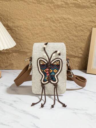 1 st (slumpmässigt skuren) handgjord bohemisk fjärilsmönstrad axelväska, originell design, praktisk telefonväska med flera fack