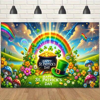 2D平面圣帕特里克节庆祝场景单件装，超大涤纶横幅挂毯，用途广泛的圣帕特里克节庆祝活动墙面装饰，室内/室外可重复使用，适用于房间、花园和露台装饰