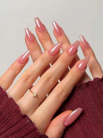 24片长棺材形按压式美甲贴片，电镀镜面粉色亮泽美甲套装，含果冻胶和指甲锉，适合女孩和女士参加派对和约会