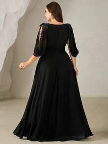 EVERPRETTY Plus Size V Neck Embellished Petal Sleeve Long Formal Dress Vintage Flared Hem Party Dresses Black Evening Dresses For Women