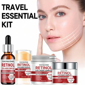  Juego de cuidado de la piel con retinol y colágeno YOUNGCOME: Kit diario de 4 piezas para firmeza y antiarrugas de 40ml + 50ml + 60ml + 250ml