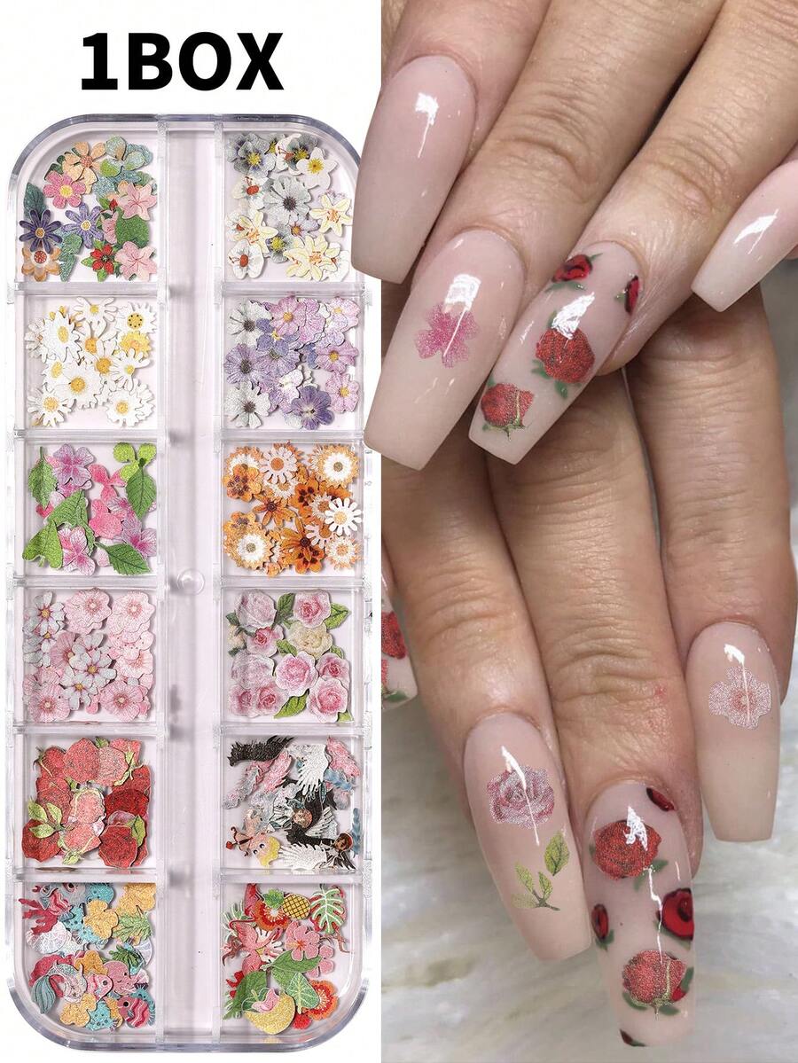 1 Box Spring & Summer Floral Nail Art Wood Pulp Stickers, Mixed Color Daisy & Rose Nail Accessories Nail Decorations Nails - Multicolor - View 1
