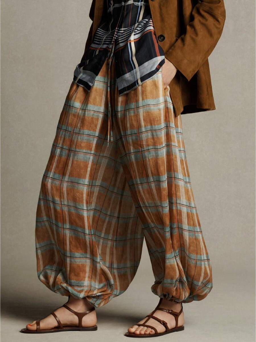 Women Baggy Balloon Pants Bubble Pleated Oversized Bloomers Wide Leg Lantern Harem Bloomer Pants - 橘色 - 查看 1