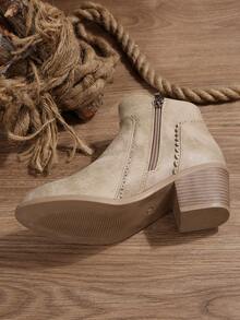 Women's Low Heel Classic Short Cowboy Style Side Zipper Floral Trim Holiday European & American Plus Size Ankle Boots, Chelsea Boots, Fashion Boots For Autumn/Winter - Khaki - View 8