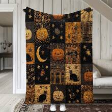 1pc Vintage Halloween Plush Throw Blanket Spooky Black Cats, Jack-O'-Lanterns, Haunted Houses,Bats & Gothic Patterns -Soft Flannel Blanket - Multicolor - View 3