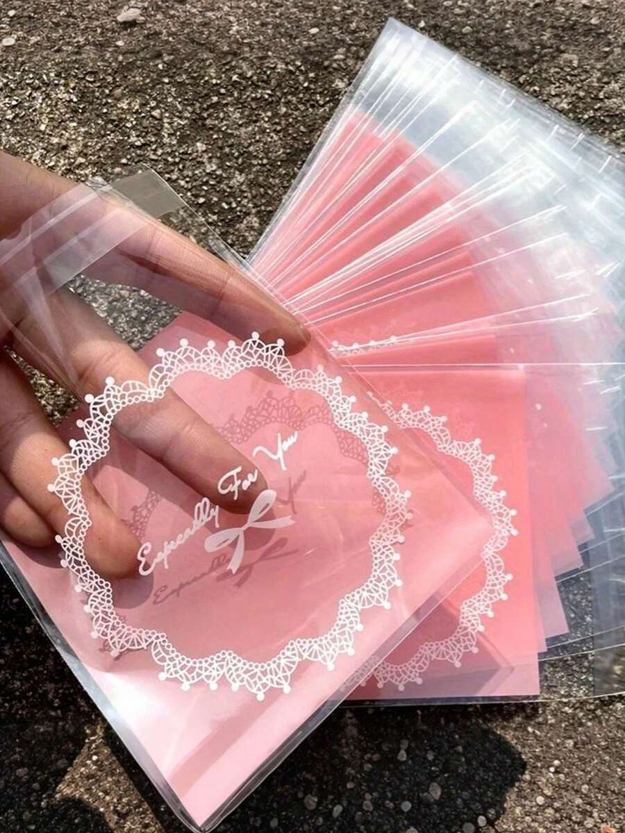 100个/套 卡通花卉图案礼品包装袋，卡通塑料袋，礼品袋，粉色礼品袋，透明展示袋，适用于派对、婚礼、生日、伴娘生日、包装、透明、小尺寸、婚礼回礼、生日派对、纪念品、新娘礼物、单身派对用品、礼品包装 - 彩色 - 查看 1