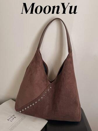 女士单肩托特包，新月形，时尚简约仿麂皮大容量铆钉装饰驼色包