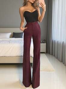 优雅高腰酒红色喇叭裤，通勤百搭 - 酒紅色 - 查看 2