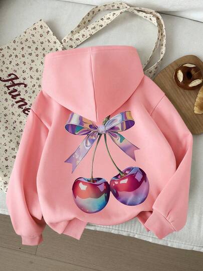 少女学生款，渐变色激光设计蝴蝶结樱桃图案，印花图案，休闲风格，连帽卫衣，春秋季节穿着，适合购物、上学、聚会、旅行等场合。