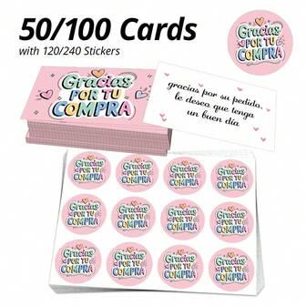 50/100 Tarjetas de Agradecimiento con 120/240 Pegatinas de Agradecimiento, Texto en español "Gracias POR TU COMPRA", Tarjetas de Agradecimiento de 9x5.4cm/3.5x2.1", Pegatinas de Agradecimiento de 3.8cm/1.5", Adecuado para Tiendas en Línea, Tiendas Personales, Productos Caseros, Jabones Hechos a Mano, Tiendas Comunitarias, de Artesanía, Tiendas Divertidas