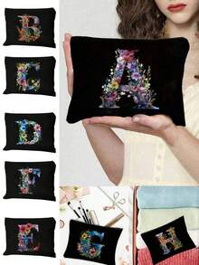 Bolsa de cosméticos con inicial de flor de la serie A-Z, de unicolor, bolsa de almacenamiento con patrón de letra retro simple y elegante, regalo de Navidad, bolsa de almacenamiento de artículos pequeños, bolsa de almacenamiento multifuncional, bolsa de almacenamiento de esmalte de uñas, bolsa de almacenamiento de cosméticos de moda, neceser, bolso, bolsa de almacenamiento plegable ligera, bolsa de compras simple, bolso de regalo para maestros, enfermeras, médicos, maestros, adecuado para el almacenamiento de cosméticos de viaje personal