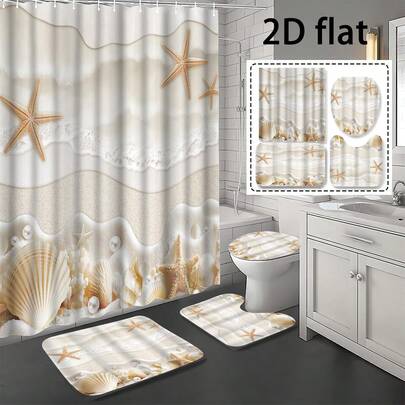 1/4pcs High Quality Printed Polyester Shower Curtain, Modern Ocean Starfish Shell Design, Waterproof & Durable, Comes With Hooks & Lining, Suitable For Bathroom Decor