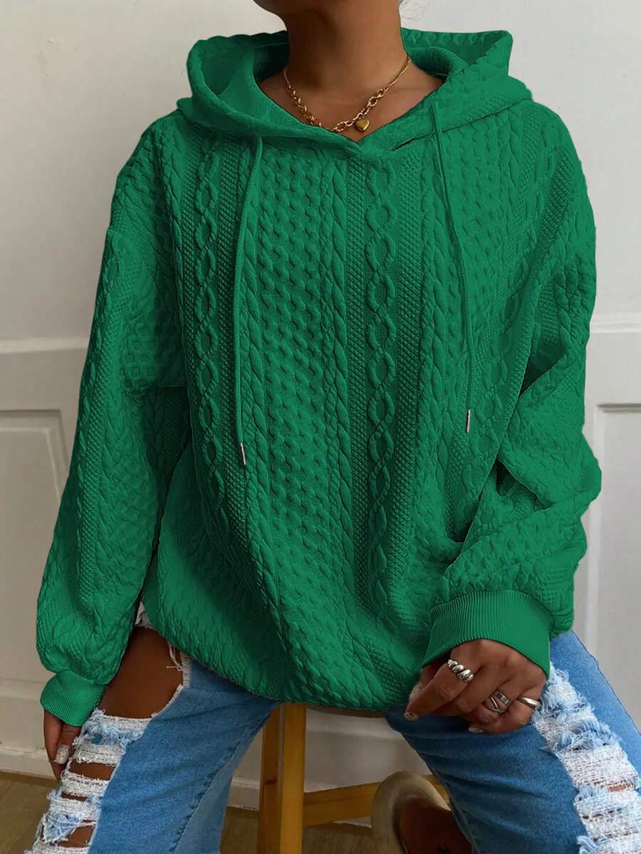 Plus Size Women Loose Casual Solid Color Jacquard Knit Long Sleeve Sweatshirt Spring - Forest Green - View 1